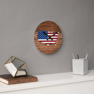 Map of America Flag of America Wooden Surface Round Clock