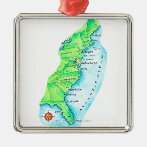 Map of American East Coast Metal Ornament