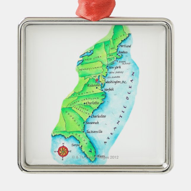 Map of American East Coast Metal Ornament (Front)