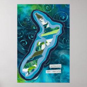 Map of Aotearoa New Zealand textile art Poster