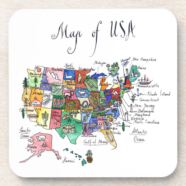 Map of Attractions of United States of America Beverage Coaster (Front)