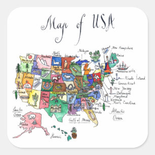 Map of Attractions of United States of America Square Sticker