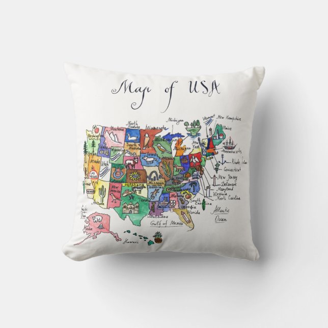 Map of Attractions of United States of America Throw Pillow (Front)