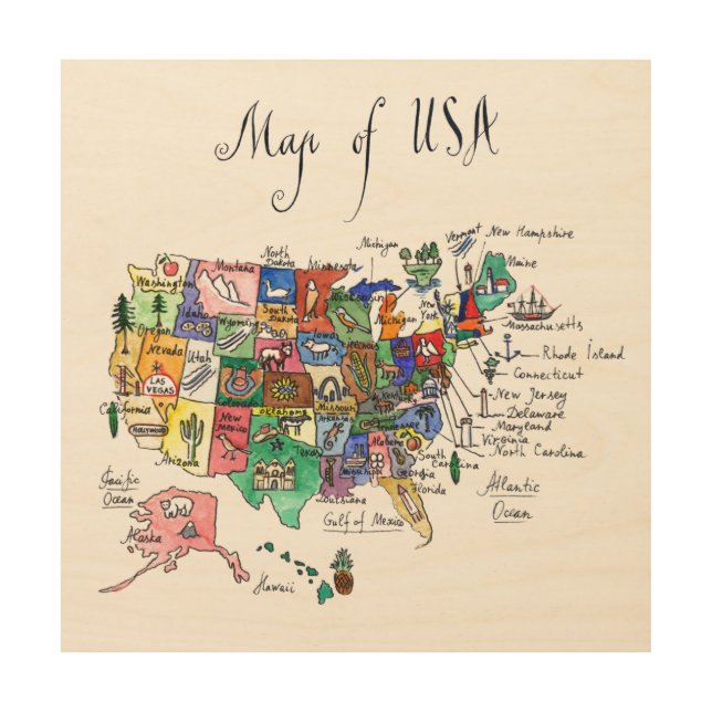 Map of Attractions of United States of America Wood Wall Art (Front)