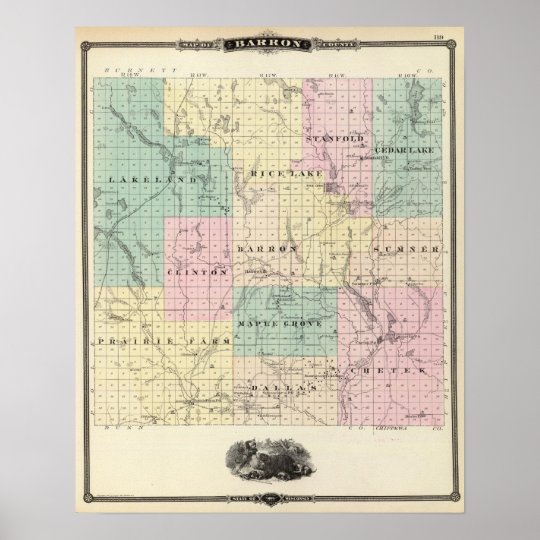 Map of Barron County, State of Wisconsin Poster | Zazzle.com