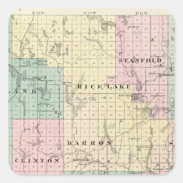 Map of Barron County, State of Wisconsin Square Sticker (Front)