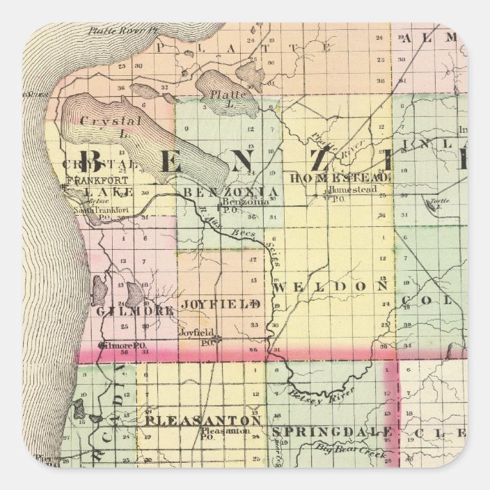 Map of Benzie and Manistee counties, Michigan Square Sticker