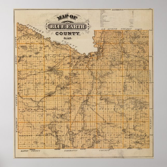 Map of Blue Earth County, Minnesota Poster (Front)