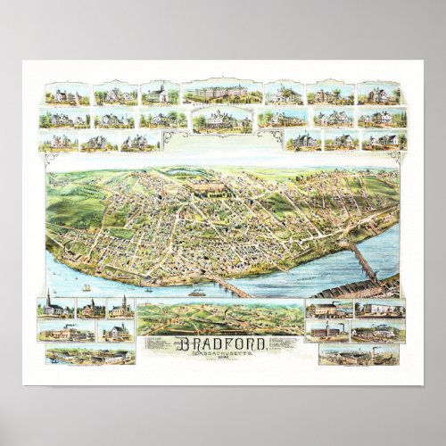 Map of Bradford Massachusetts in 1892 Poster