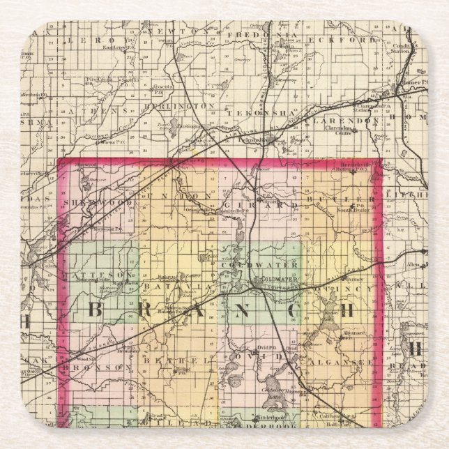 Map of Branch County, Michigan Square Paper Coaster (Front)