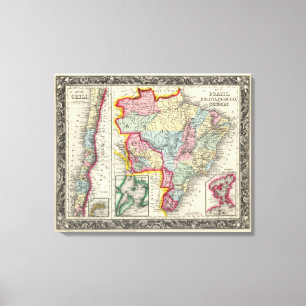 Map Of Brazil, Bolivia, Paraguay, And Uruguay Canvas Print