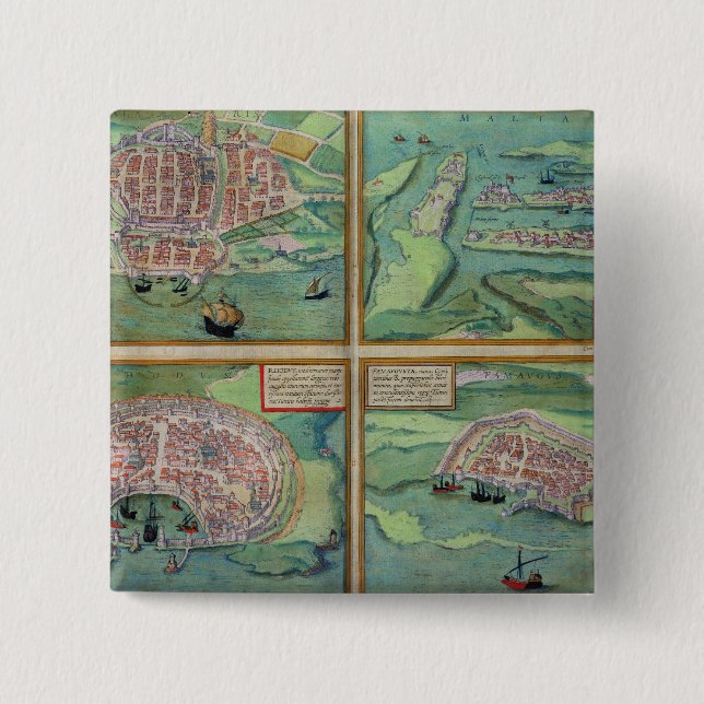Map of Calais, Malta, Rhodes, and Famagusta, from Button (Front)