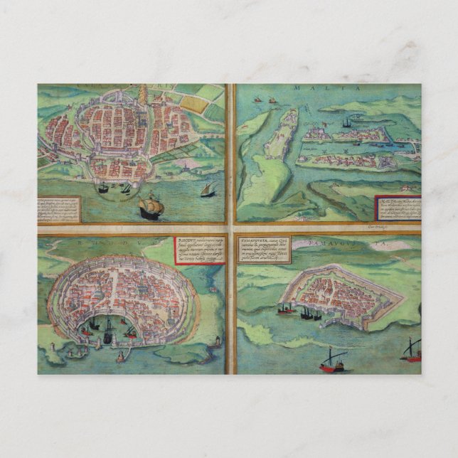 Map of Calais, Malta, Rhodes, and Famagusta, from Postcard (Front)