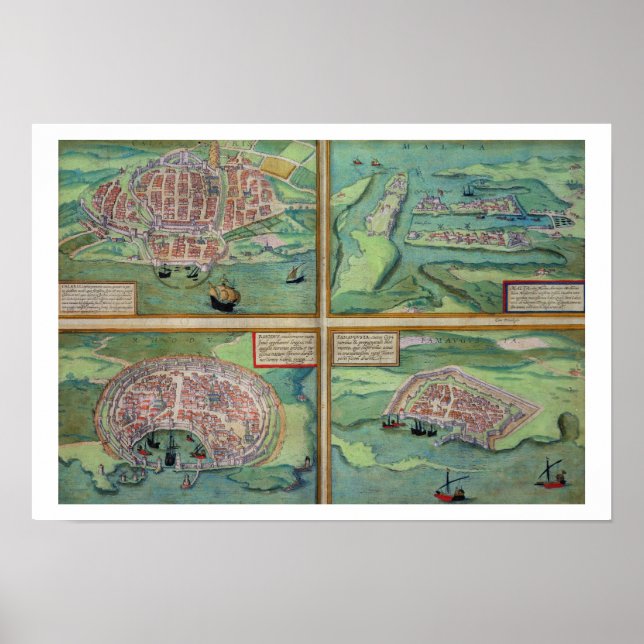 Map of Calais, Malta, Rhodes, and Famagusta, from Poster (Front)