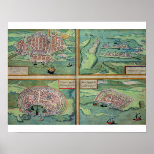 Map of Calais, Malta, Rhodes, and Famagusta, from Poster