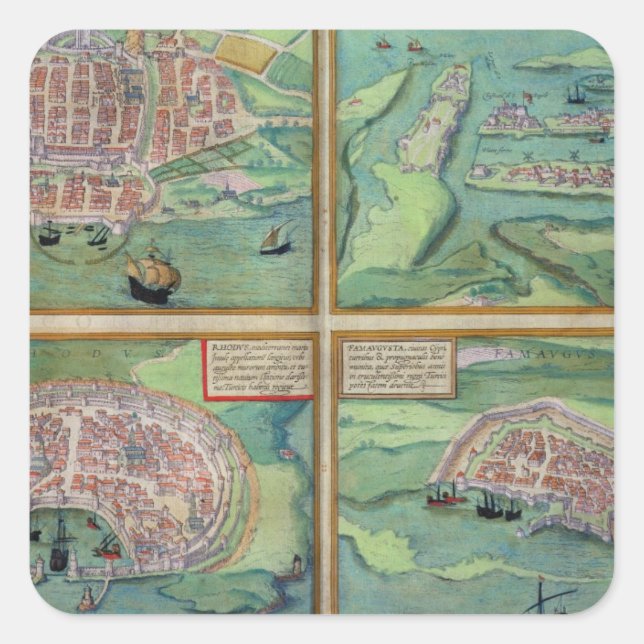 Map of Calais, Malta, Rhodes, and Famagusta, from Square Sticker (Front)