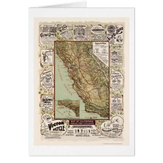 Map of California Bicycle Roads - 1895 Cards (Front)