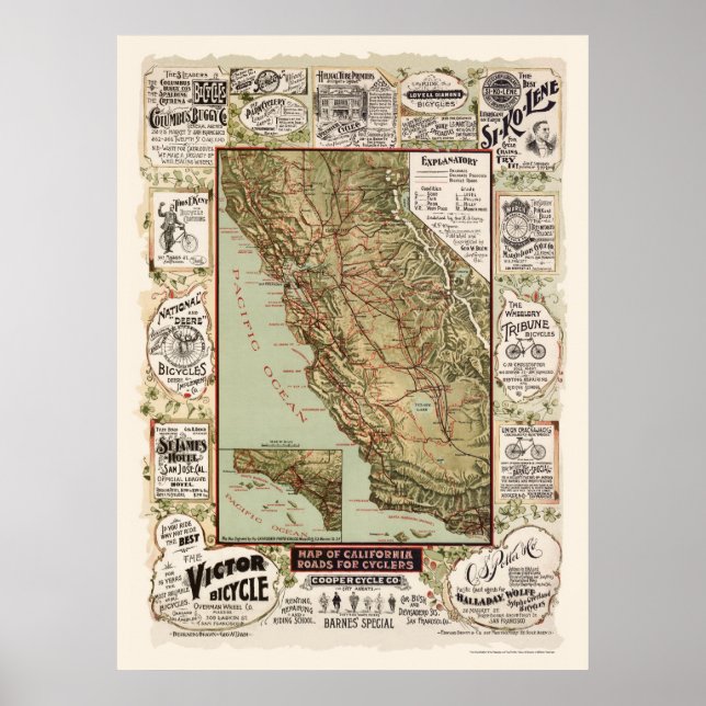 Map of California Bicycle Roads - 1895 Poster (Front)