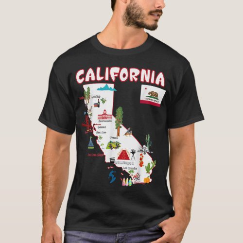 Map of California Landmarks major cities flag T_Shirt