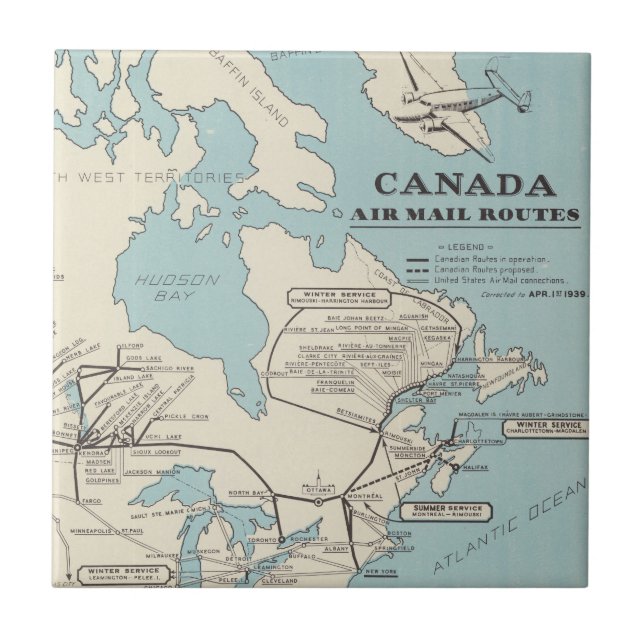 Map of Canada - Canada Air Mail Routes Ceramic Tile (Front)