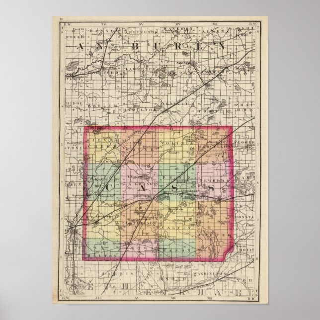 Map of Cass County, Michigan Poster (Front)