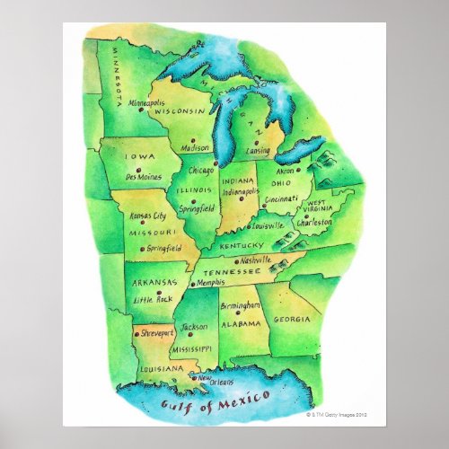 Map of Central United States Poster