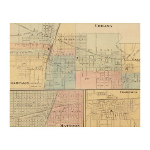 Map of Champaign, Urbana, Mattoon and Charleston Wood Wall Art