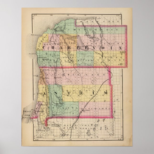 Map of Charlevoix and Antrim counties, Michigan Poster (Front)