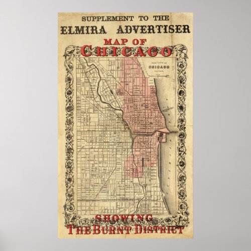 Map Of Chicago Showing The Burnt District Poster