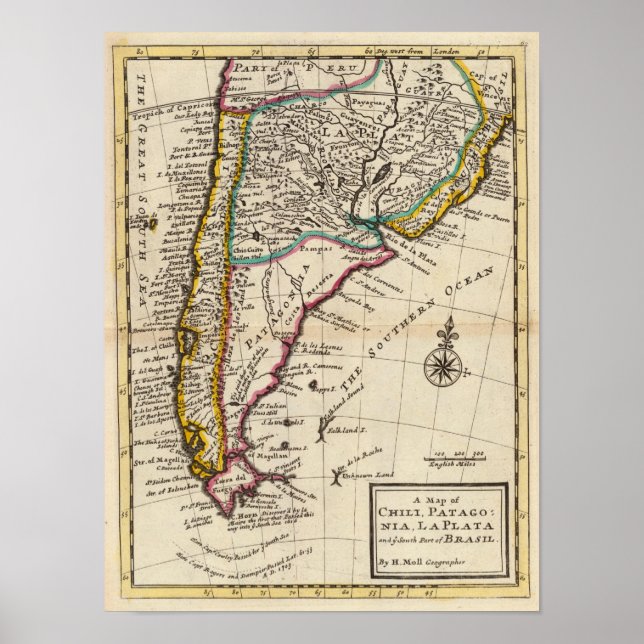 Map of Chili, Patagonia, La Plata Poster (Front)