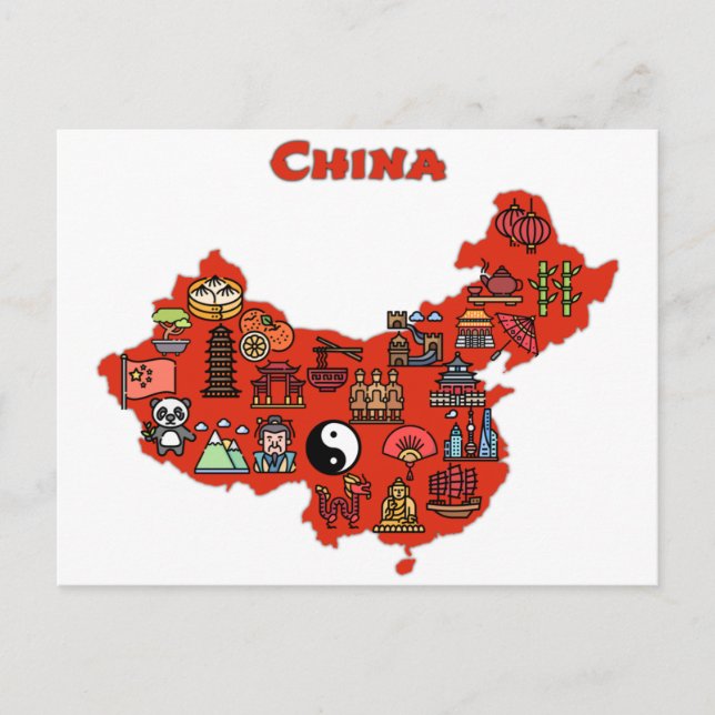 map of China with icons of Chinese destinations Postcard (Front)