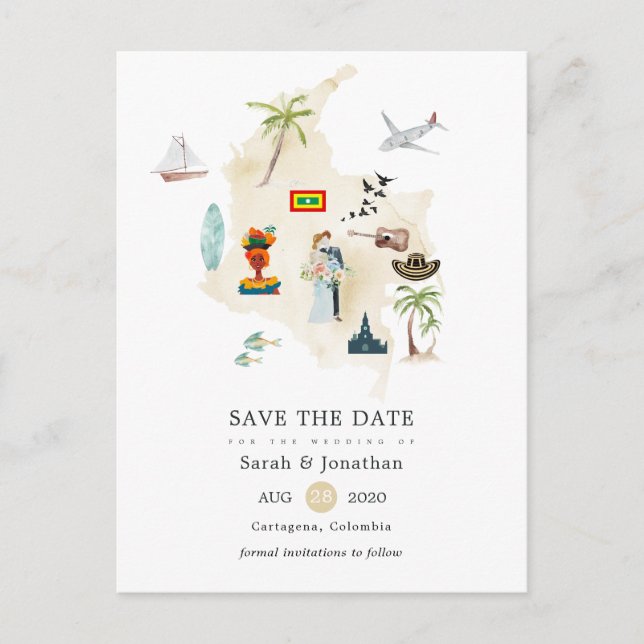 Map of Columbia Cartagena Destination Wedding Announcement Postcard (Front)