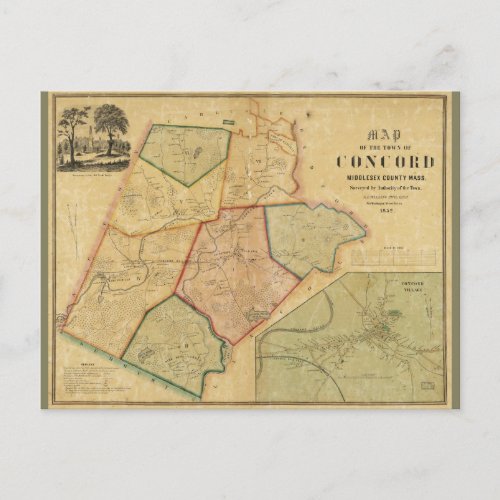 Map of Concord Massachusetts 1852 Postcard