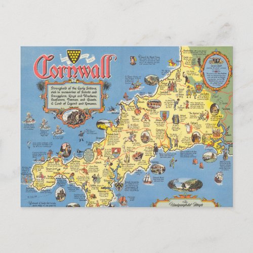 Map of Cornwall England Postcard