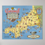 Map of Cornwall, England Poster
