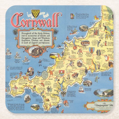 Map of Cornwall England Square Paper Coaster