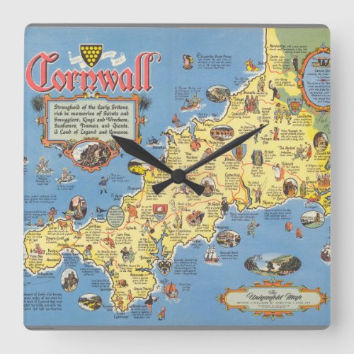 Map of Cornwall England Square Wall Clock