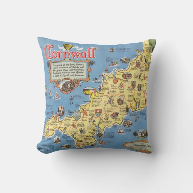 Map of Cornwall, England Throw Pillow (Front)