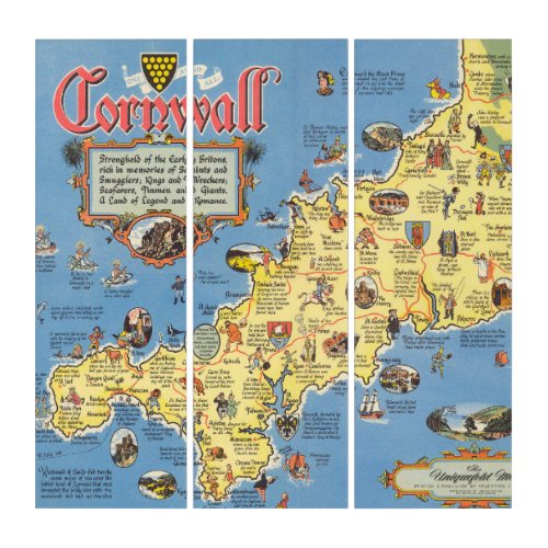 Map of Cornwall England Triptych