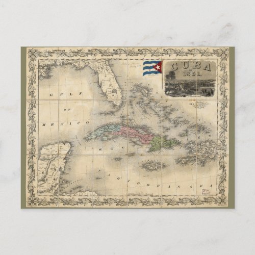 Map of Cuba by JH Colton 1851 Postcard