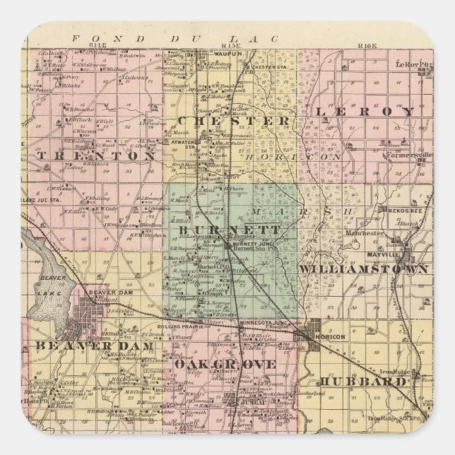 Map of Dodge County, State of Wisconsin Square Sticker (Front)