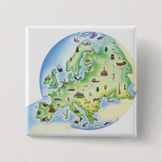 Map of Europe with illustrations of famous Pinback Button (Front)