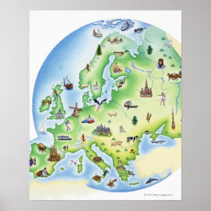 Map of Europe with illustrations of famous Poster