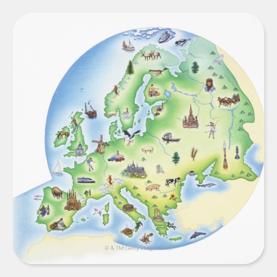 Map of Europe with illustrations of famous Square Sticker