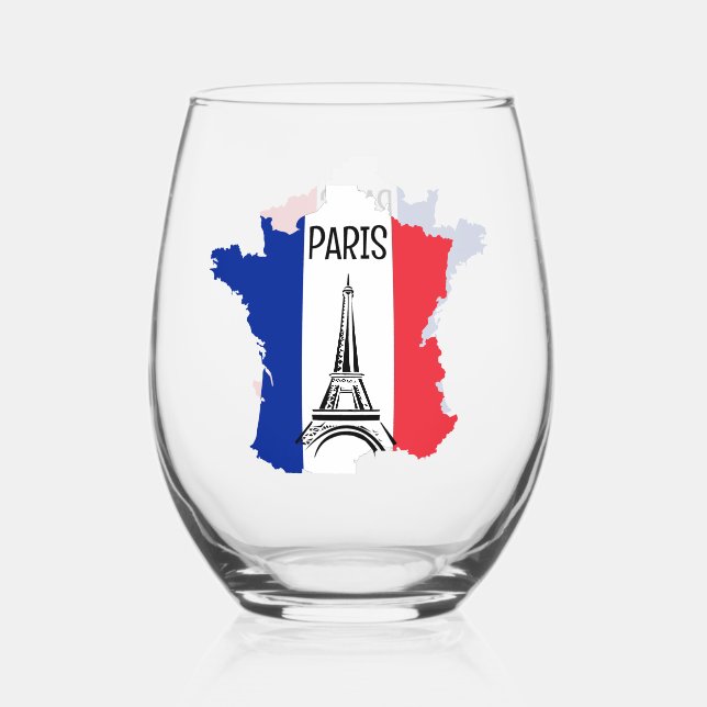 Map of France Eiffel Tower Design Stemless Wine Glass (Front)