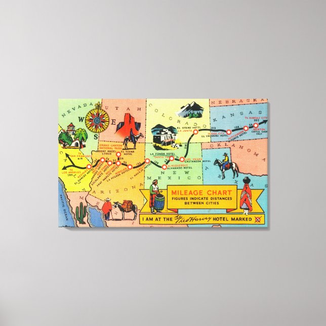 Map of Fred Harvey Hotel LocationsCA to KS Canvas Print (Front)