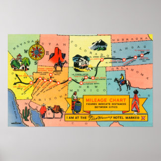 Map of Fred Harvey Hotel LocationsCA to KS Poster