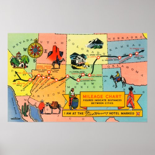 Map of Fred Harvey Hotel LocationsCA to KS Poster