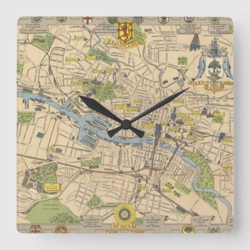 Map of Glasgow England Square Wall Clock