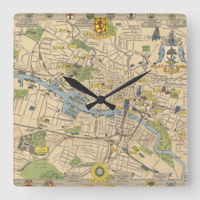 Map of Glasgow, England Square Wall Clock (Front)